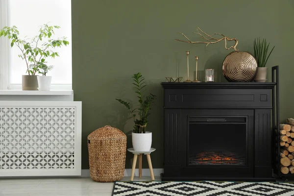 Schöner Kamin Zimmerpflanzen Und Verschiedene Dekorationen Wohnzimmer Innenarchitektur — Stockfoto