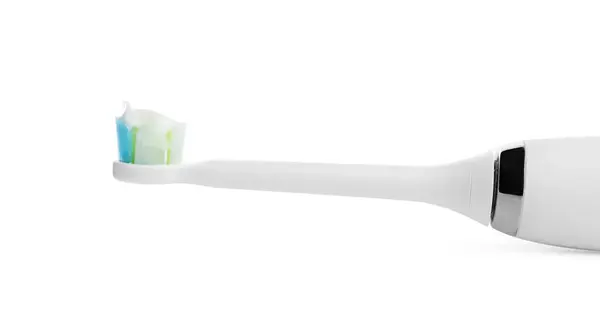 Electric Toothbrush Paste White Background Closeup — Stock Photo, Image