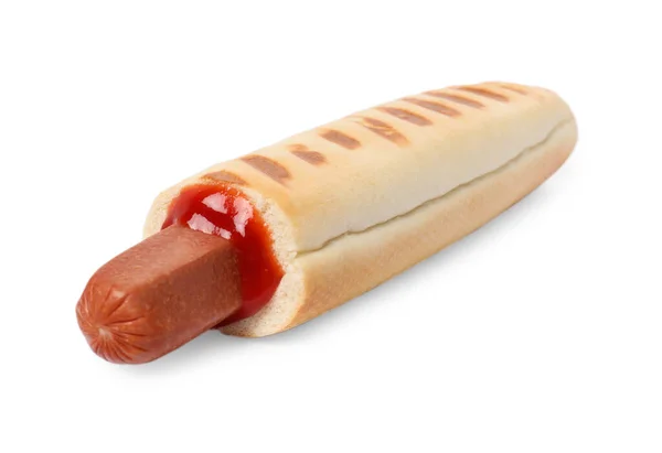 Leckere Französische Hot Dog Mit Ketchup Isoliert Auf Weiß — Stockfoto