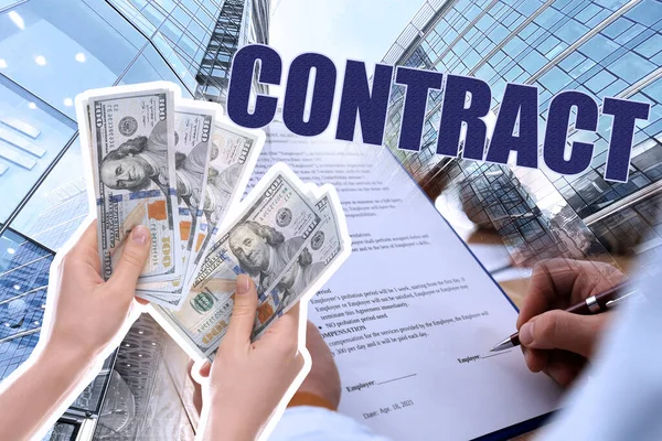 Government contract. Collage with photos of woman counting dollars, man signing document and buildings