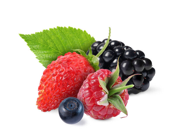 Wild berries. Blackberry, raspberry, strawberry, bilberry and green leaf isolated on white
