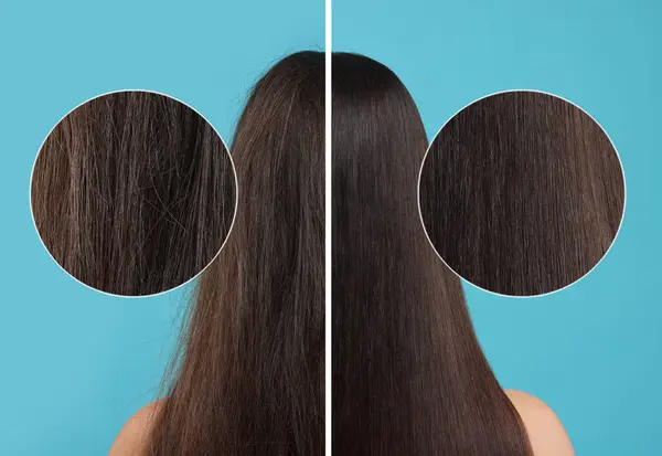 照片中的女性在理发前和理发后被分为两半 背景为浅蓝色 后视镜 显示受损和健康线的缩放区域 — 图库照片