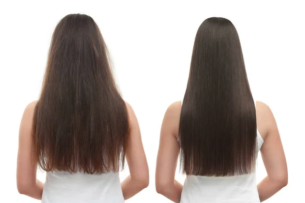 妇女在染发前后在白底 显示受损和健康头发的胶合带 — 图库照片