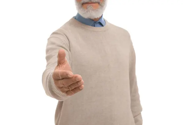Homem Acolhedor Oferecendo Aperto Mão Isolado Branco Close — Fotografia de Stock