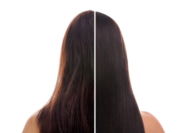 Фотографія Жінки Розділеної Половинки Після Лікування Волосся Білому Тлі — стокове фото