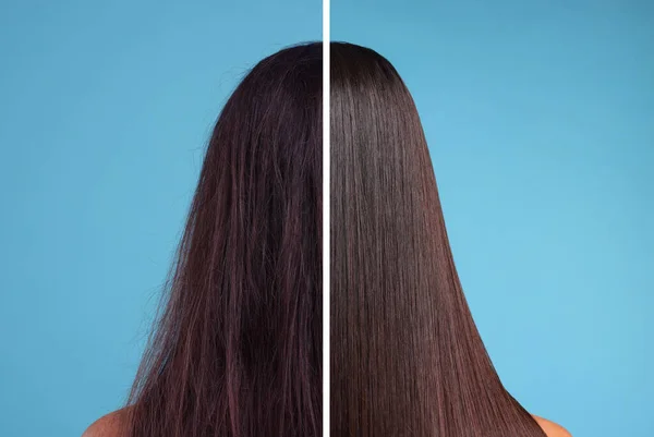 Photo Woman Divided Halves Hair Treatment Light Blue Background Back — Stock Photo, Image
