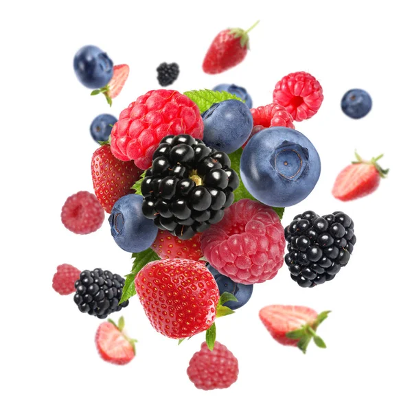 Many Different Berries Flying White Background — Stock Photo, Image