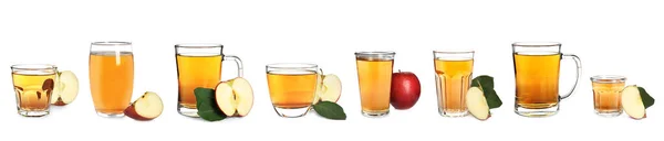 Set Tasty Apple Cider Fresh Fruits Isolated White — Stock Photo, Image