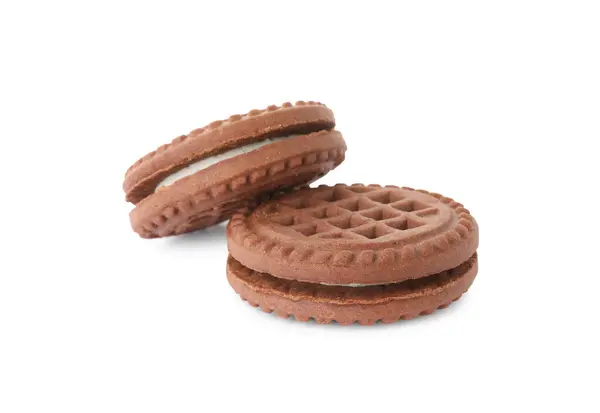 Gustosi Biscotti Cioccolato Con Panna Isolata Bianco — Foto Stock