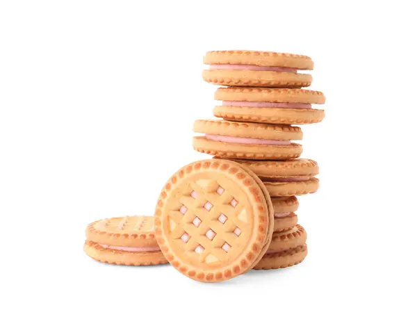 Pilha Biscoitos Sanduíche Saborosos Com Creme Isolado Branco — Fotografia de Stock