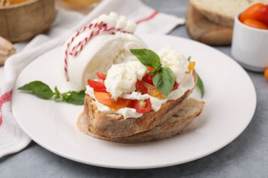 Gri masada burrata peynirli ve domatesli lezzetli sandviç, yakın plan.