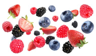 Many different berries flying on white background clipart