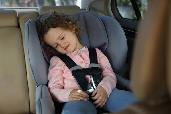 Cute Little Girl Sleeping Child Safety Seat Car — Stock Photo, Image