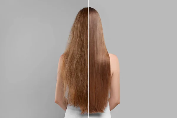 Foto Der Frau Zwei Hälften Vor Und Nach Der Haarbehandlung — Stockfoto