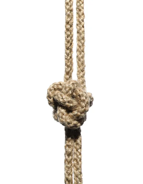 白で隔離された結び目が付いている麻ロープ — ストック写真