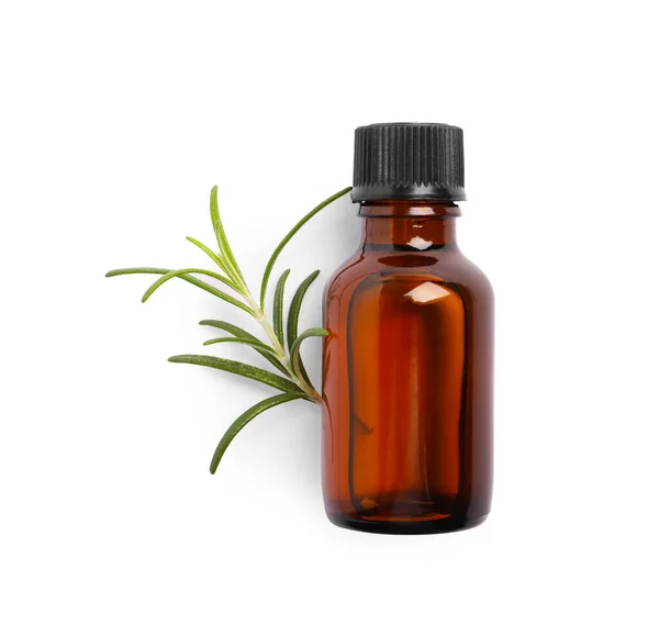 Sprig Fresh Rosemary Essential Oil White Background Top View — Stock Photo, Image