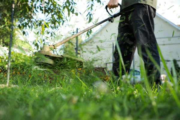 Man Cutting Green Grass String Trimmer Outdoors Closeup — Stock Photo, Image