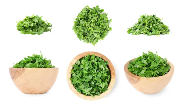 Collage Cut Parsley Isolated White Top Side Views — Stock Photo, Image