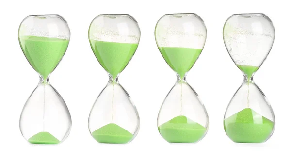 Passage Time Hourglass Flowing Sand White Background Collage — Stock Photo, Image