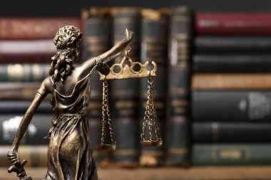 Yasalara göre adil muamele sembolü. Bayan Adalet Anıtı kitapların yanında, arka planda metin için boşluk var