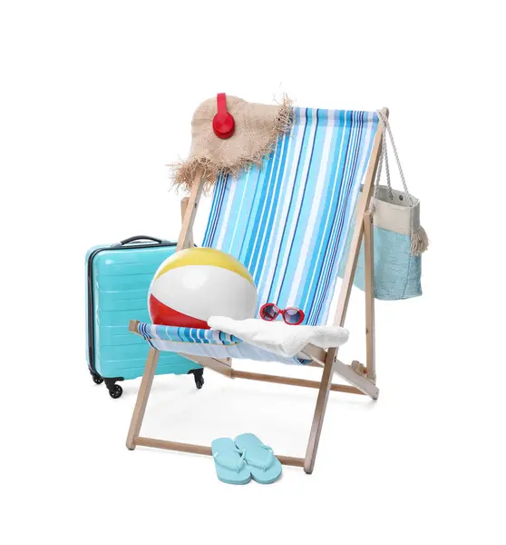 Deck Chair Suitcase Beach Accessories Isolated White — Stock Photo, Image