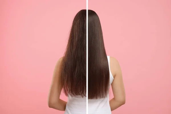 Photo of woman divided into halves before and after hair treatment on pink background, back view