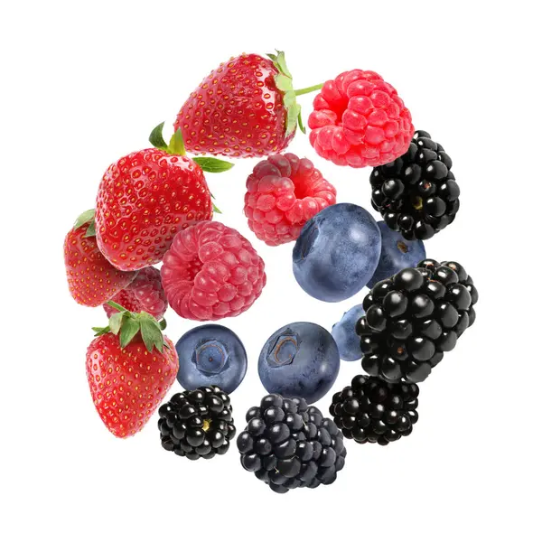 Many Different Berries Flying White Background — Stock Photo, Image