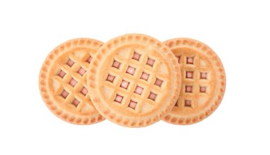 Kremalı lezzetli sandviç kurabiyeleri beyaza izole edilmiş, üst manzara