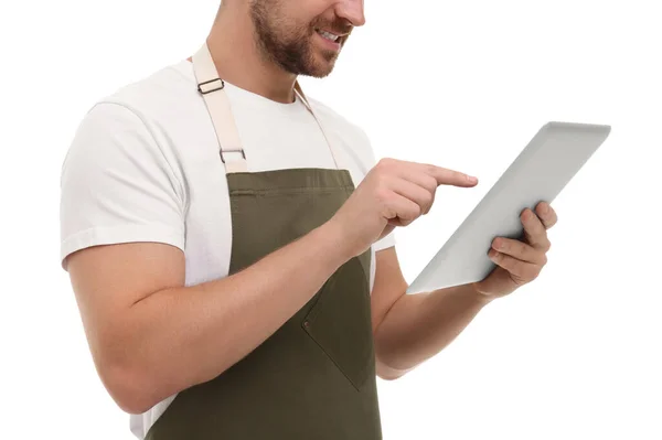 Lächelnder Mann Mit Tablet Auf Weißem Hintergrund Nahaufnahme — Stockfoto