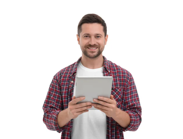 Pria Bahagia Dengan Tablet Latar Belakang Putih — Stok Foto