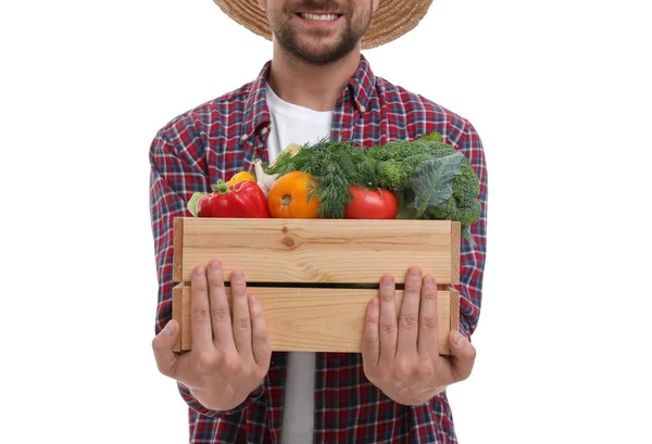 Temporada Cosecha Granjero Feliz Sosteniendo Caja Madera Con Verduras Sobre —  Fotos de Stock