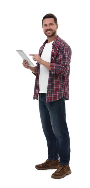 Pria Bahagia Menggunakan Tablet Pada Latar Belakang Putih — Stok Foto