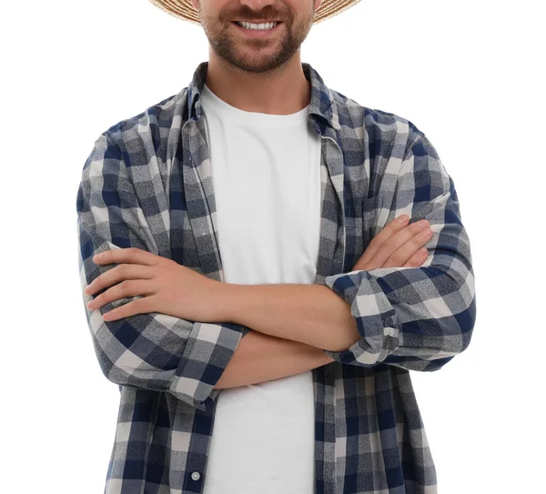 Happy Farmer Crossed Arms White Background Closeup Harvesting Season — Stock Photo, Image