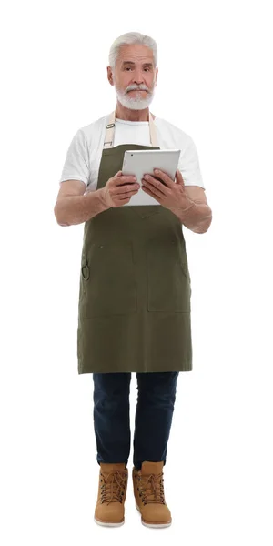 Pria Senior Dengan Tablet Latar Belakang Putih — Stok Foto
