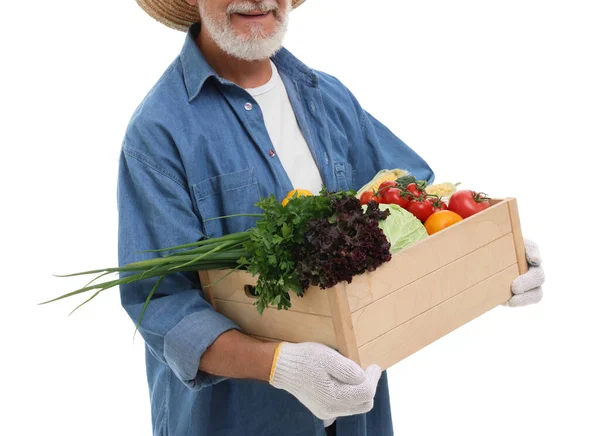 Harvesting Season Happy Farmer Holding Wooden Crate Vegetables White Background — Stock Photo, Image