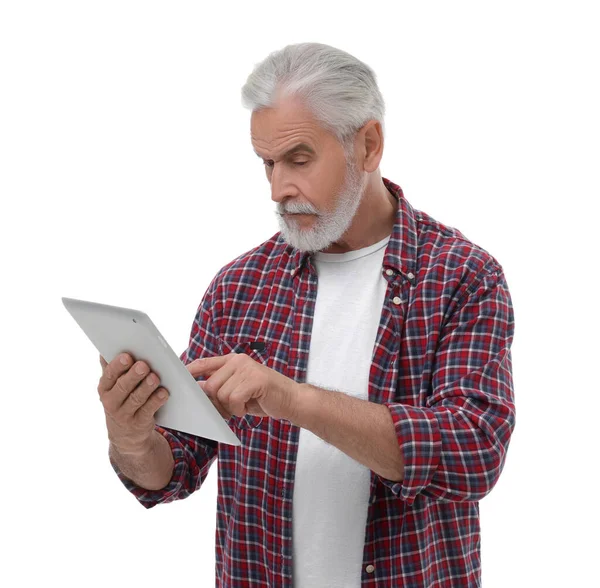 Senior Man Using Tablet White Background — Stock Photo, Image