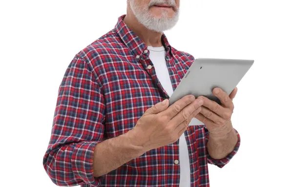 Man Tablet White Background Closeup — Stock Photo, Image