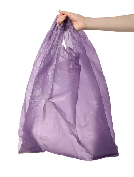 Woman Holding Purple Plastic Bag White Background Closeup — Stock Photo, Image