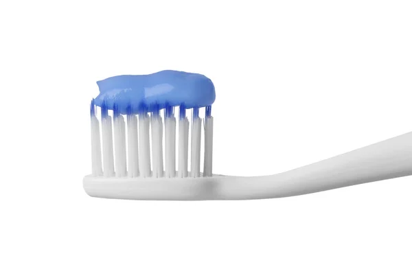 Escova Dentes Plástico Com Pasta Fundo Branco Close — Fotografia de Stock