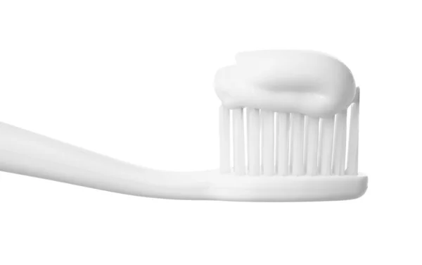 Beyaz Arkaplanda Yapıştırıcı Bulunan Plastik Diş Fırçası Yakın Plan — Stok fotoğraf
