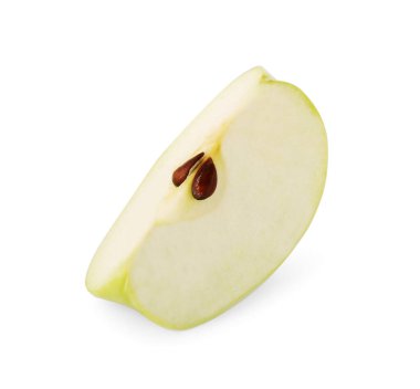 Olgun yeşil elma parçası beyaza izole edilmiş.