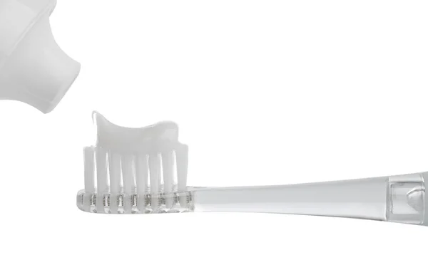 Applying Paste Electric Toothbrush White Background Closeup — Stock Photo, Image