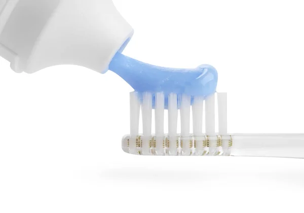 Vmáčknutí Zubní Pasty Elektrický Kartáček Izolovaný Bílém Detailní — Stock fotografie