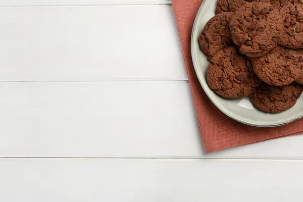 Köstliche Schokoladenkekse Auf Weißem Holztisch Draufsicht Raum Für Text — Stockfoto