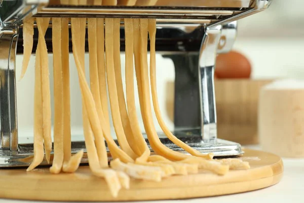 Pasta Maker Raw Dough Wooden Table Closeup — Stock Photo, Image