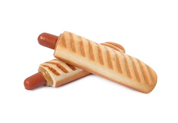 Smaczne Francuskie Hot Dogi Musztardą Ketchupem Izolowane Białym — Zdjęcie stockowe