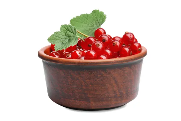 Tasty Ripe Redcurrants Green Leaves Bowl Isolated White — Stock Photo, Image