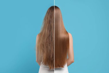 Açık mavi arkaplanda saç tedaviden önce ve sonra ikiye bölünmüş kadın fotoğrafı, arka plan