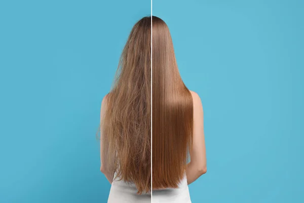 照片中的女性在理发前和理发后在浅蓝色背景下被分为两半 — 图库照片