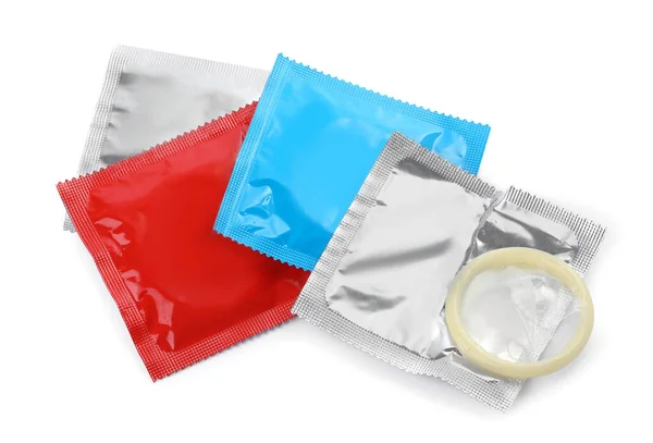 Packages Unpacked Condom Isolated White Top View Safe Sex — Stock Photo, Image